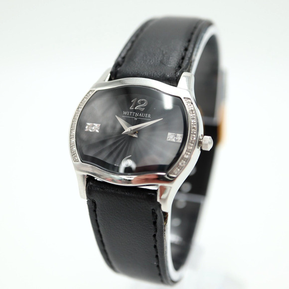 Wittnauer Womens Diamond Watch 30mm Swiss Sapphire Crystal Black Leather Strap - Picture 1 of 16